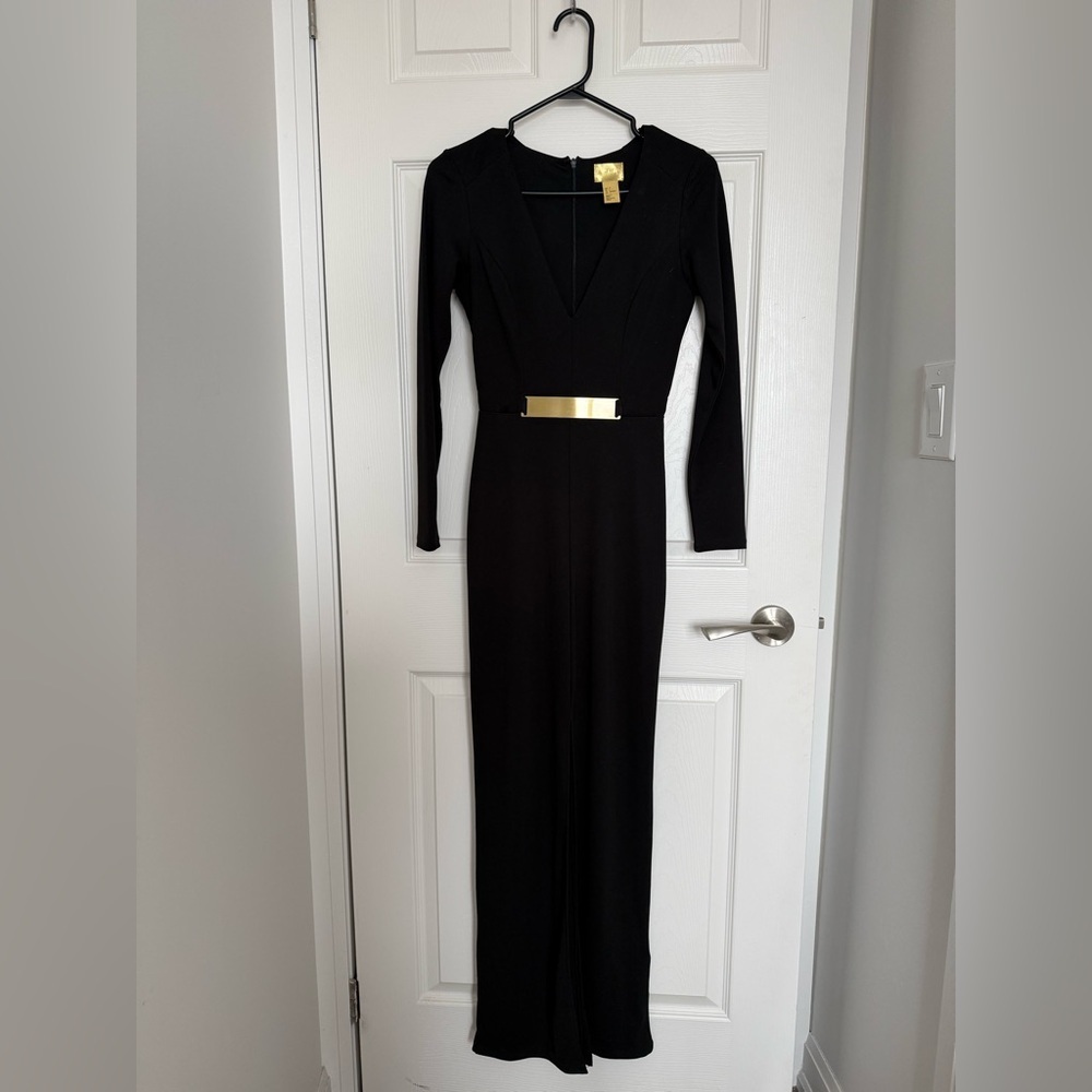 H&M Black Maxi Long Sleeve Slit Belted Gown V- Neck Formal Party Dress size 4 - Picture 3 of 8